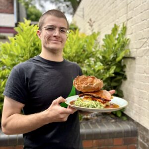 Sunday roast held by a member of staff in the Broadfield walled garden